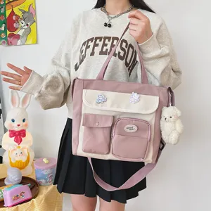 Canvas tote bag multi-pocket shoulder bag casual student messenger bag pink aesthetic