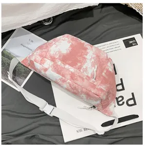 Borsa a tracolla in tela tie-dye rosa bianco borsa da cintura casual streetwear alla moda.