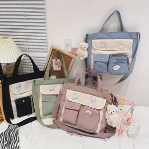 Korean style canvas crossbody shoulder bag multi-pocket casual tote for student daily use