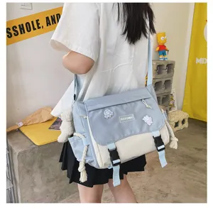 Korean style colorblock canvas crossbody bag for women, casual student messenger bag.