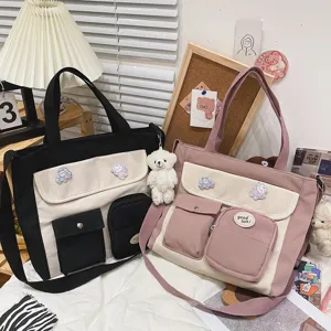 Korean style canvas tote bag, cute student messenger bag with multi pockets and bear pendant.