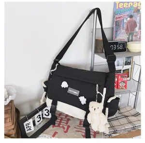 Korean ulzzang color block canvas messenger bag casual vintage shoulder bag for students