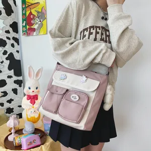 Casual canvas messenger bag sweet student shoulder bag multi-pocket trendy aesthetic crossbody