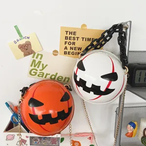 Round Halloween Pumpkin Crossbody Bag Fashion PU Leather Shoulder Bag With Acrylic Chain