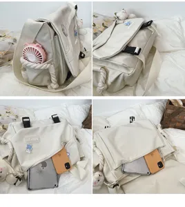 Casual canvas messenger bag with large capacity, multi-pocket design, student style detail view.