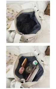Casual minimalist canvas shoulder bag detail view showing large capacity and multi-pocket interior.