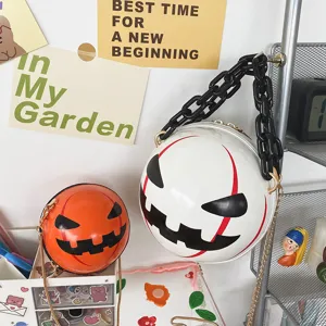 Halloween pumpkin devil acrylic chain crossbody bag, trendy funny round shoulder bag.