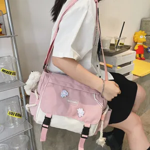 Pink and white canvas messenger bag, Japanese style casual crossbody bag for daily use.