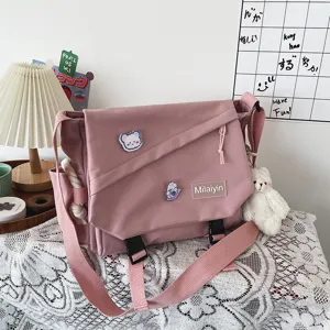 Japanese Harajuku casual student messenger bag versatile pink large capacity college style fashion canvas