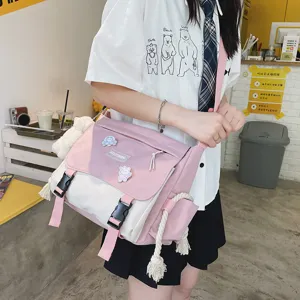 Korean colorblock canvas messenger bag casual cute aesthetic shoulder bag for teen girls