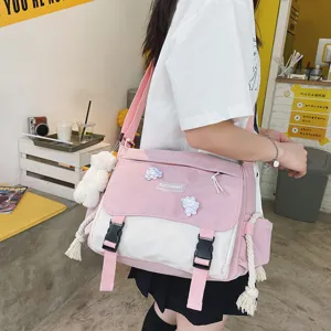 Cute Japanese style pink white canvas messenger bag casual student crossbody shoulder bag