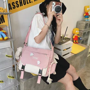 Korean style canvas messenger bag for cute girls, color block school crossbody bag.