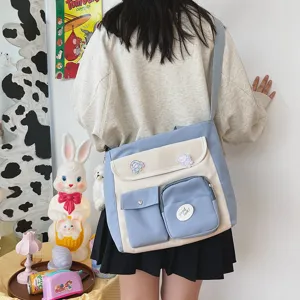 Canvas messenger bag for students, retro style, contrast color design with multi pockets.