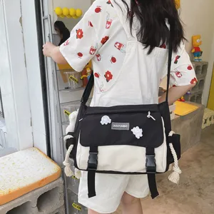 Korean style colorblock canvas messenger bag casual retro shoulder bag for teen girls daily