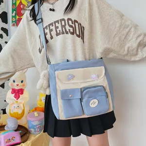 Korean style multi-pocket canvas crossbody bag, casual cute shoulder bag for daily use.