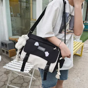 Korean style ulzzang vintage colorblock canvas messenger bag casual crossbody bag for girls