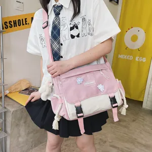 Japanese style colorblock messenger bag for women, casual canvas shoulder bag with straps.