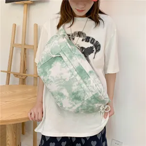 Borsa a tracolla casual in tela verde tie-dye, grande capacità in stile giapponese.