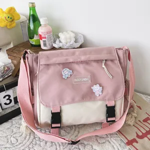 Pink white canvas messenger bag casual student crossbody bag retro vintage style daily shoulder bag
