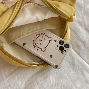 Gelbe japanische Vintage Umhängetasche für Damen, süße Bären Stil Canvas Schultertasche.