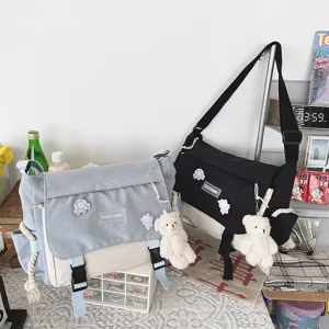 Colorblock canvas messenger bag casual Japanese style student crossbody bag with cute pendant