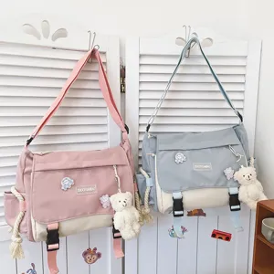 Korean style color block canvas messenger bag, cute student casual shoulder bag with badge.