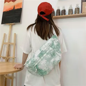 Borsa a tracolla in tela tie-dye casual, grande capacità stile giapponese dettaglio.