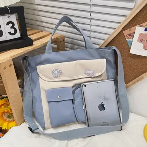 Canvas crossbody shoulder bag detail, contrast color design with multi pockets and cute pins.