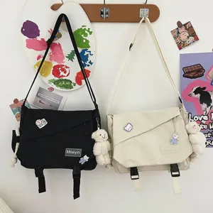 Canvas messenger bag Japanese harajuku style casual crossbody bag with bear pendant