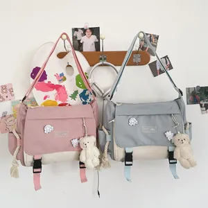 Canvas color-block messenger bag detail, sweet style student shoulder bag with cute bear.