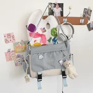 Korean style colorblock canvas messenger bag, casual vintage student shoulder crossbody bag.