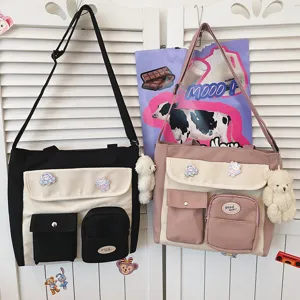 Korean style ulzzang canvas messenger bag, cute student casual shoulder bag with multi pockets.