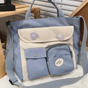 Korean style canvas tote bag casual multi-pocket crossbody shoulder bag for student girls