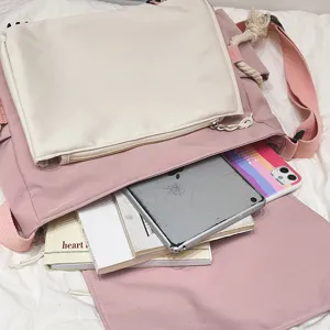 Korean vintage color-block canvas messenger bag for daily casual style and large capacity.