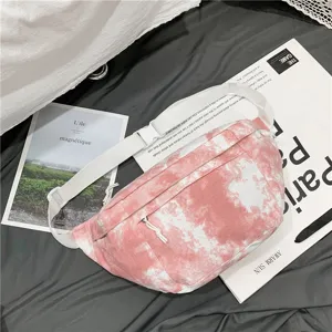 Borsa a tracolla in tela tie-dye rosa con cinturino bianco, borsa casual per studenti.