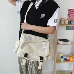 Japanese Harajuku casual canvas messenger bag for students, large capacity cross body bag.