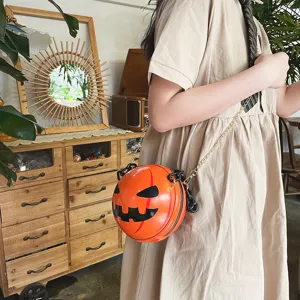 Halloween pumpkin crossbody bag with chain strap, cute devil round shoulder bag for women