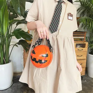 Halloween pumpkin round crossbody bag with acrylic chain cute funny novelty shoulder purse