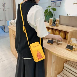 Borsa a Tracolla in PU Gialla Stampa Pagoda Cinese Borsa a Spalla Carina Moda Casual