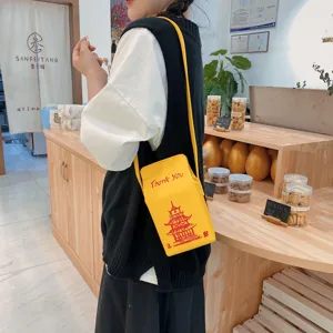 Borsa a tracolla gialla in pelle PU con stampa pagoda cinese, stile scatola da asporto.