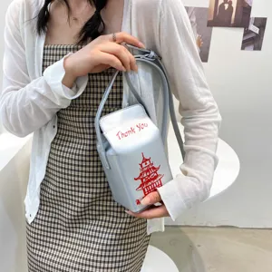 Borsa a tracolla in pelle PU argentata, forma cartone del latte con stampa pagoda cinese donna.