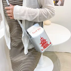 Borsa a tracolla argentata in PU con stampa di pagoda cinese e design originale a scatola da asporto.