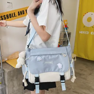 Korean style colorblock canvas messenger bag casual student shoulder crossbody bag for women