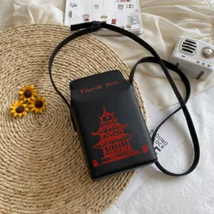 Borsa a tracolla in pelle PU nera con stampa creativa di pagoda cinese e scritta Thank You.