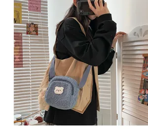 Cute fluffy lamb wool cross-body bag with bear patch and pendant for sweet girls.