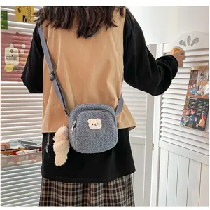 Fuzzy sherpa crossbody bag for women cute bear shoulder bag soft fluffy messenger bag