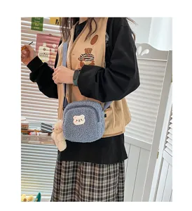 Cute fluffy lamb wool messenger bag with adorable bear patch for casual daily styling wear