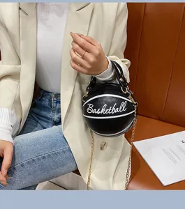 Kreative basketballförmige Umhängetasche für Damen, einzigartige modische schwarze Tasche.