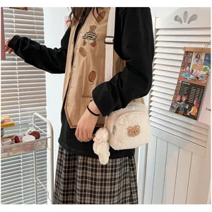 Cute fuzzy lamb wool crossbody bag with little bear patch for women, sweet daily shoulder bag.