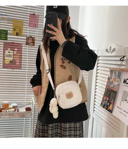 Cute Japanese ins style lamb wool crossbody bag with plush bear pendant for autumn winter.